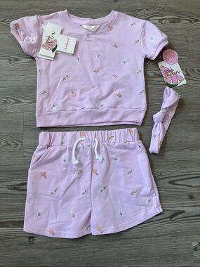 Pink Flower Embroidered Kids Short Set with Headband. Sz 5T NWT
